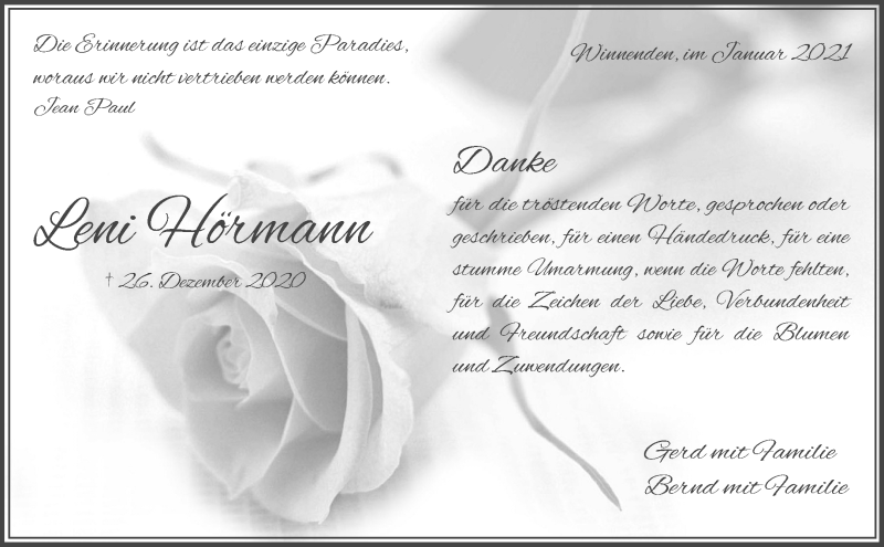  Traueranzeige für Leni Hörmann vom 21.01.2021 aus Waiblinger Kreiszeitung