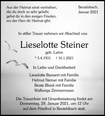 Traueranzeige von Lieselotte Steiner von Waiblinger Kreiszeitung