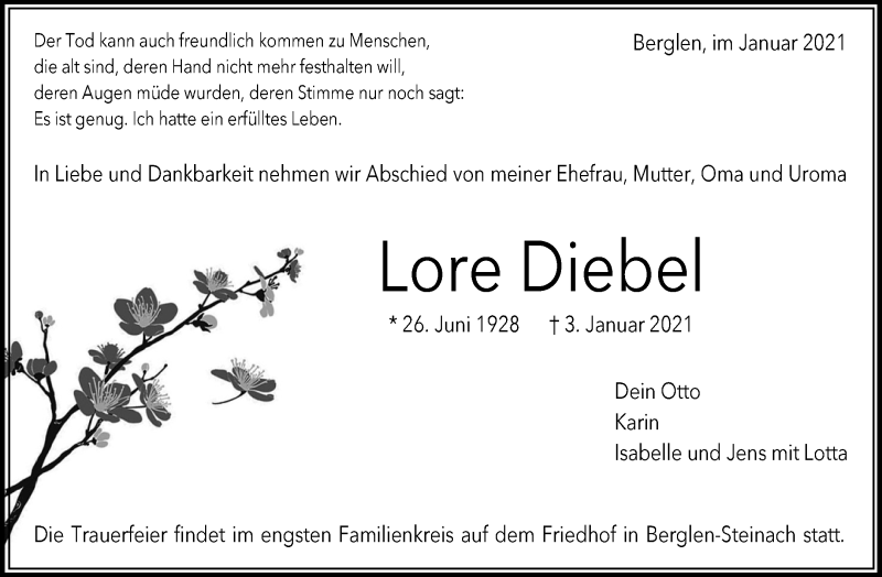  Traueranzeige für Lore Diebel vom 19.01.2021 aus Waiblinger Kreiszeitung