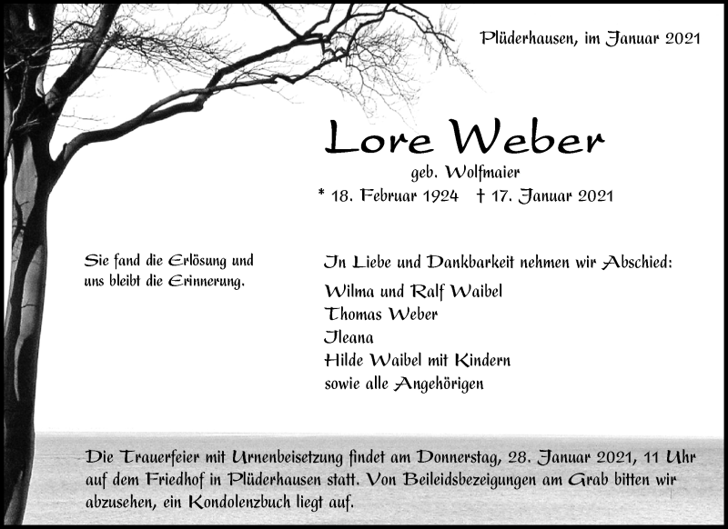  Traueranzeige für Lore Weber vom 25.01.2021 aus Waiblinger Kreiszeitung