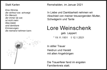 Traueranzeige von Lore Weinschenk von Waiblinger Kreiszeitung