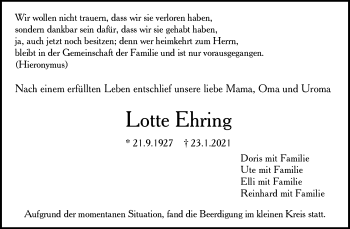 Traueranzeige von Lotte Ehring von Waiblinger Kreiszeitung