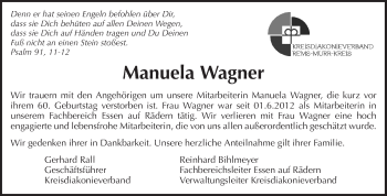 Traueranzeige von Manuela Wagner von Waiblinger Kreiszeitung