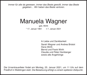 Traueranzeige von Manuela Wagner von Waiblinger Kreiszeitung