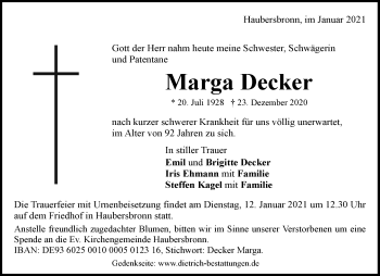Traueranzeige von Marga Decker von Waiblinger Kreiszeitung