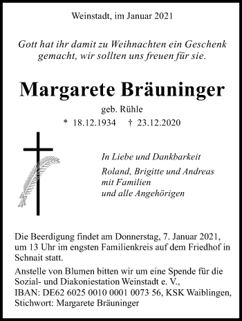Traueranzeige von Margarete Bräuninger von Waiblinger Kreiszeitung