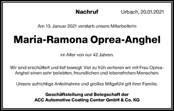 Traueranzeige von Maria-Ramona Oprea-Anghel von Waiblinger Kreiszeitung