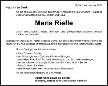 Traueranzeige von Maria Riefle von Waiblinger Kreiszeitung