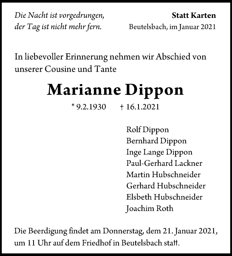  Traueranzeige für Marianne Dippon vom 19.01.2021 aus Waiblinger Kreiszeitung