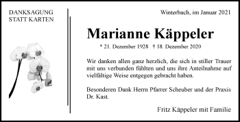 Traueranzeige von Marianne Käppeler von Waiblinger Kreiszeitung
