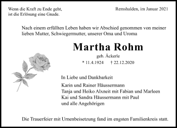 Traueranzeige von Martha Rohm von Waiblinger Kreiszeitung
