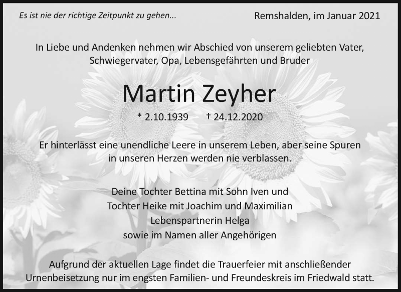  Traueranzeige für Martin Zeyher vom 02.01.2021 aus Waiblinger Kreiszeitung