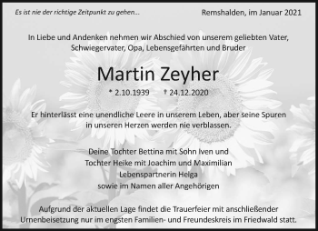Traueranzeige von Martin Zeyher von Waiblinger Kreiszeitung