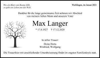 Traueranzeige von Max Langer von Waiblinger Kreiszeitung