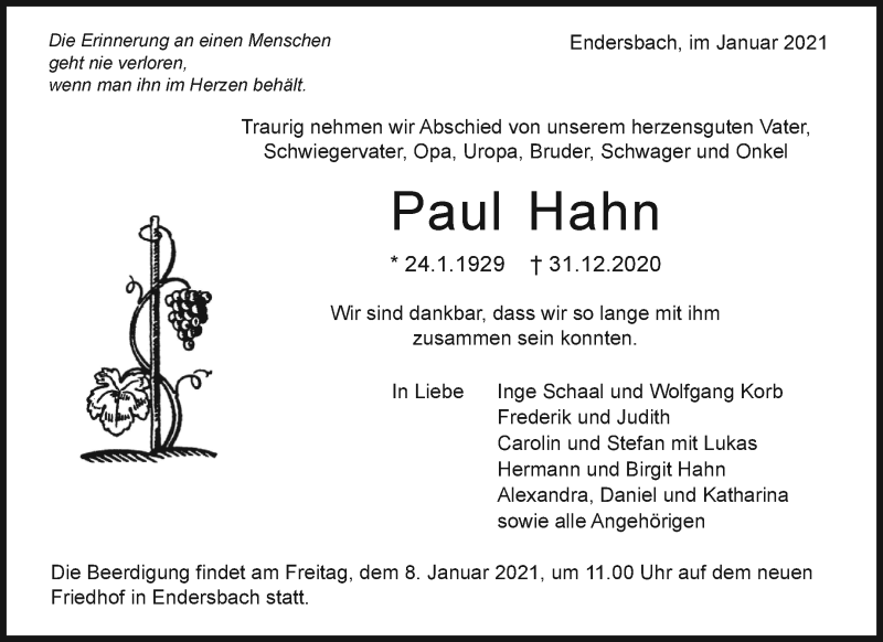 Traueranzeige für Paul Hahn vom 05.01.2021 aus Waiblinger Kreiszeitung
