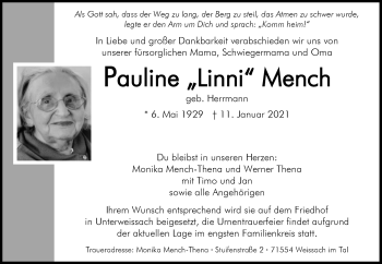 Traueranzeige von Pauline Mench von Waiblinger Kreiszeitung