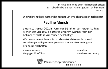 Traueranzeige von Pauline Mench von Waiblinger Kreiszeitung