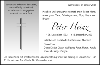 Traueranzeige von Peter Heinz von Waiblinger Kreiszeitung