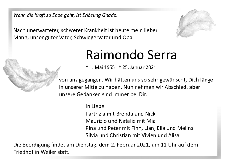  Traueranzeige für Raimondo Serra vom 28.01.2021 aus Waiblinger Kreiszeitung