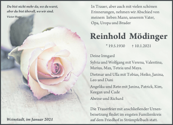 Traueranzeige von Reinhold Mödinger von Waiblinger Kreiszeitung