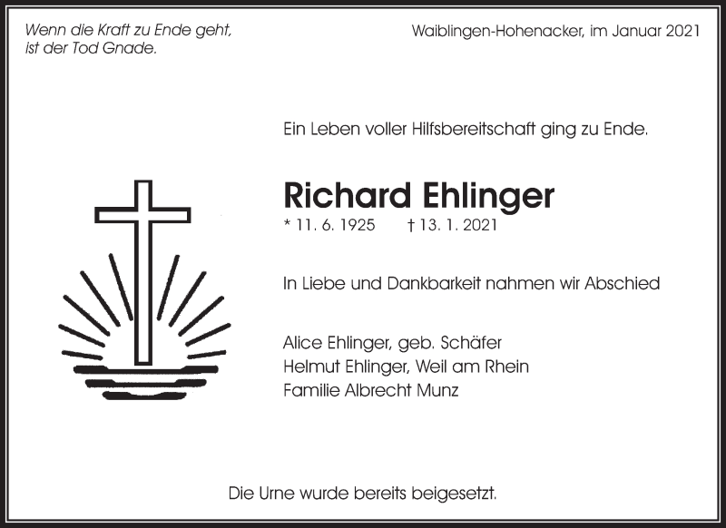  Traueranzeige für Richard Ehlinger vom 30.01.2021 aus Waiblinger Kreiszeitung