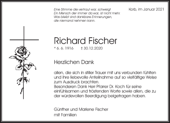 Traueranzeige von Richard Fischer von Waiblinger Kreiszeitung