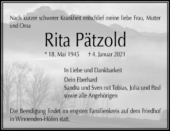 Traueranzeige von Rita Pätzold von Waiblinger Kreiszeitung