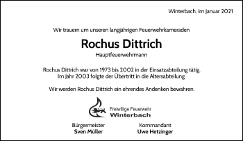 Traueranzeige von Rochus Dittrich von Waiblinger Kreiszeitung