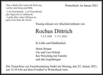 Traueranzeige von Rochus Dittrich von Waiblinger Kreiszeitung
