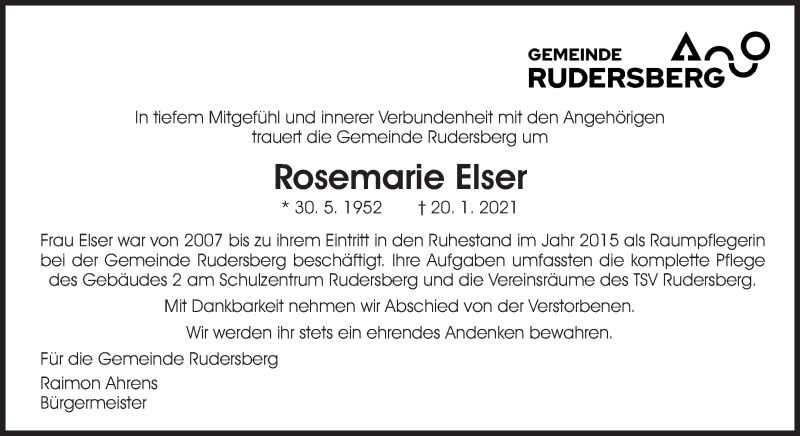  Traueranzeige für Rosemarie Elser vom 30.01.2021 aus Waiblinger Kreiszeitung