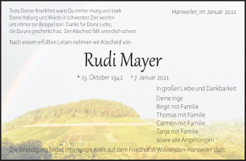 Traueranzeige von Rudi Mayer von Waiblinger Kreiszeitung