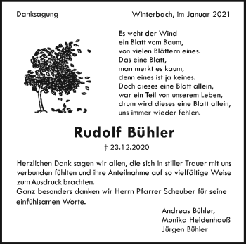 Traueranzeige von Rudolf Bühler von Waiblinger Kreiszeitung
