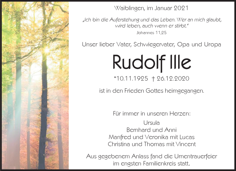  Traueranzeige für Rudolf Ille vom 23.01.2021 aus Waiblinger Kreiszeitung