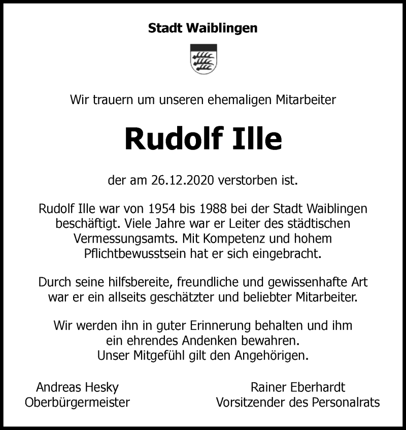  Traueranzeige für Rudolf Ille vom 23.01.2021 aus Waiblinger Kreiszeitung