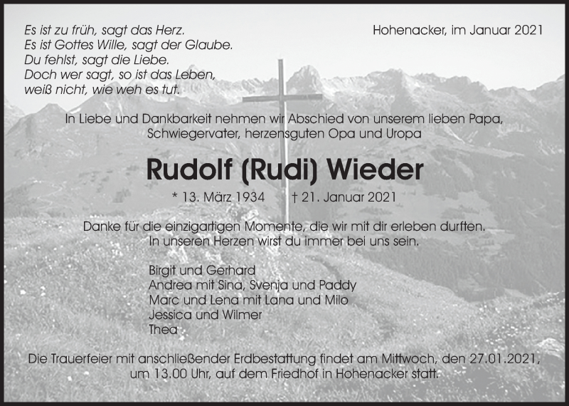  Traueranzeige für Rudolf  Wieder vom 23.01.2021 aus Waiblinger Kreiszeitung
