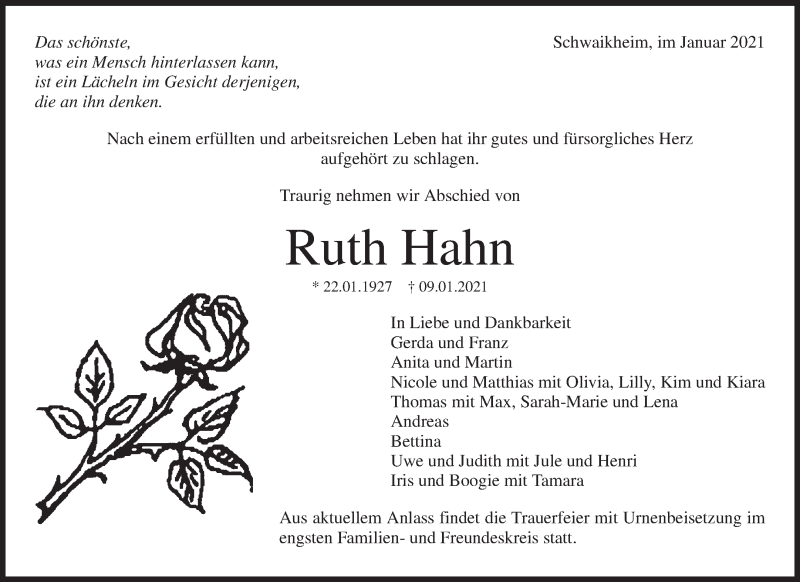  Traueranzeige für Ruth Hahn vom 15.01.2021 aus Waiblinger Kreiszeitung