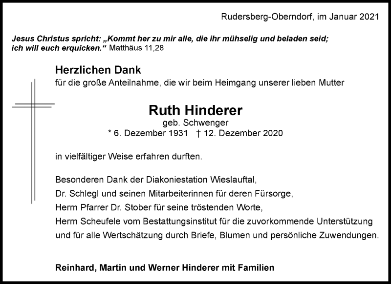  Traueranzeige für Ruth Hinderer vom 16.01.2021 aus Waiblinger Kreiszeitung