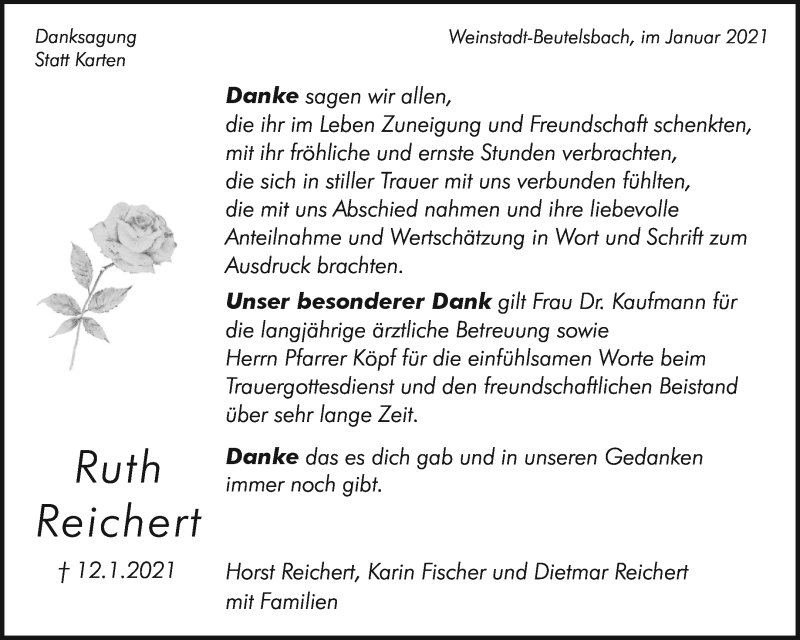  Traueranzeige für Ruth Reichert vom 30.01.2021 aus Waiblinger Kreiszeitung