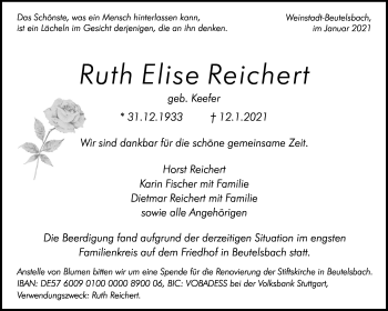 Traueranzeige von Ruth Elise Reichert von Waiblinger Kreiszeitung
