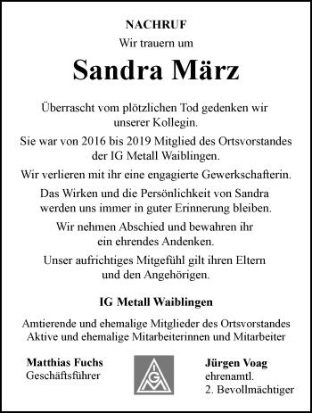 Traueranzeige von Sandra März von Waiblinger Kreiszeitung