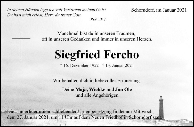  Traueranzeige für Siegfried Fercho vom 22.01.2021 aus Waiblinger Kreiszeitung