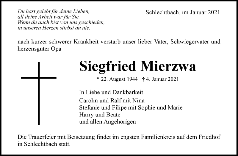  Traueranzeige für Siegfried Mierzwa vom 18.01.2021 aus Waiblinger Kreiszeitung