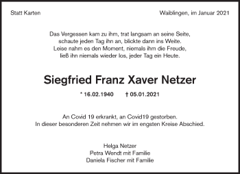 Traueranzeige von Siegfried Franz Xaver Netzer von Waiblinger Kreiszeitung