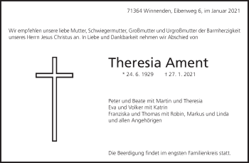 Traueranzeige von Theresia Ament von Waiblinger Kreiszeitung