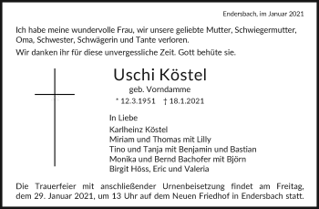 Traueranzeige von Uschi Köstel von Waiblinger Kreiszeitung