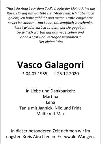 Traueranzeige von Vasco Galagorri von Waiblinger Kreiszeitung