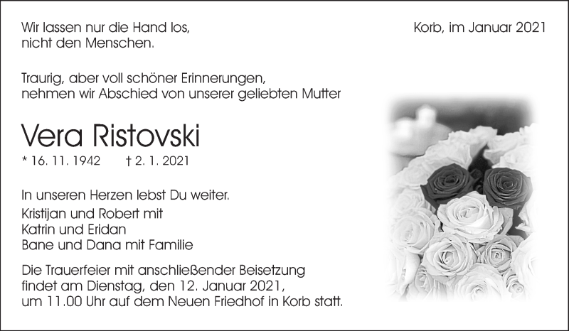  Traueranzeige für Vera Ristovski vom 09.01.2021 aus Waiblinger Kreiszeitung