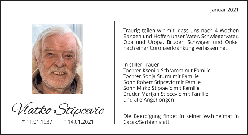  Traueranzeige für Vlatko Stipcevic vom 19.01.2021 aus Waiblinger Kreiszeitung