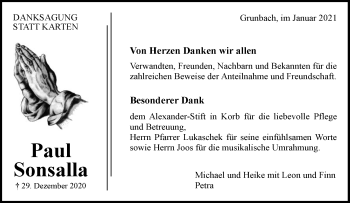 Traueranzeige von VonPaul Sonsalla von Waiblinger Kreiszeitung
