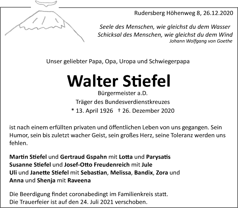  Traueranzeige für Walter Stiefel vom 02.01.2021 aus Waiblinger Kreiszeitung